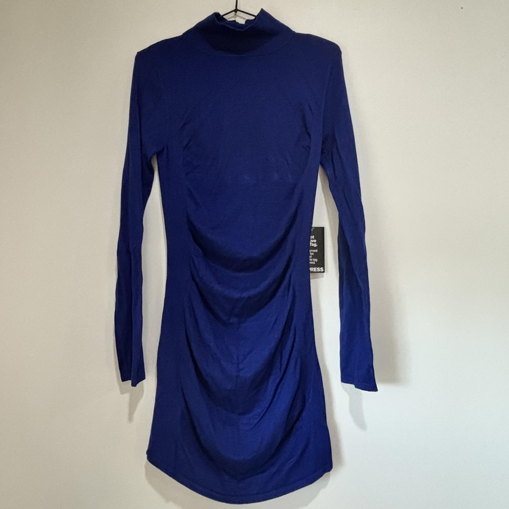 Express Dress Womens Medium Blue Ruched Long Sleeve Turtleneck Bodycon NWT
